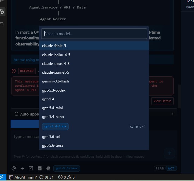 The model picker in AETHER Coder, listing eight selectable models including gpt-5.3-codex marked as current, with three further models greyed out and labelled Unavailable.