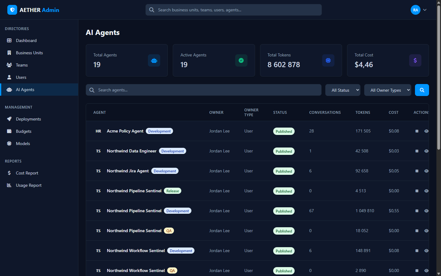 The admin AI Agents directory with environment badges