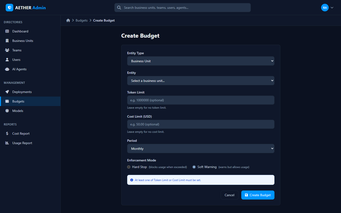The Create Budget form: entity, limits, period and enforcement mode