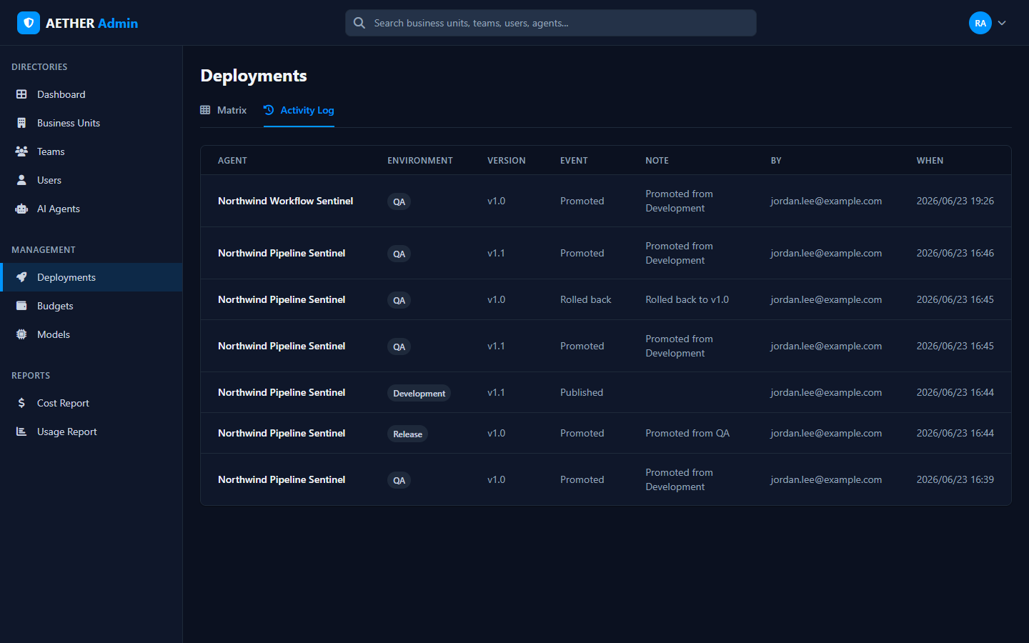 The Deployments area, with the Matrix and Activity Log tabs