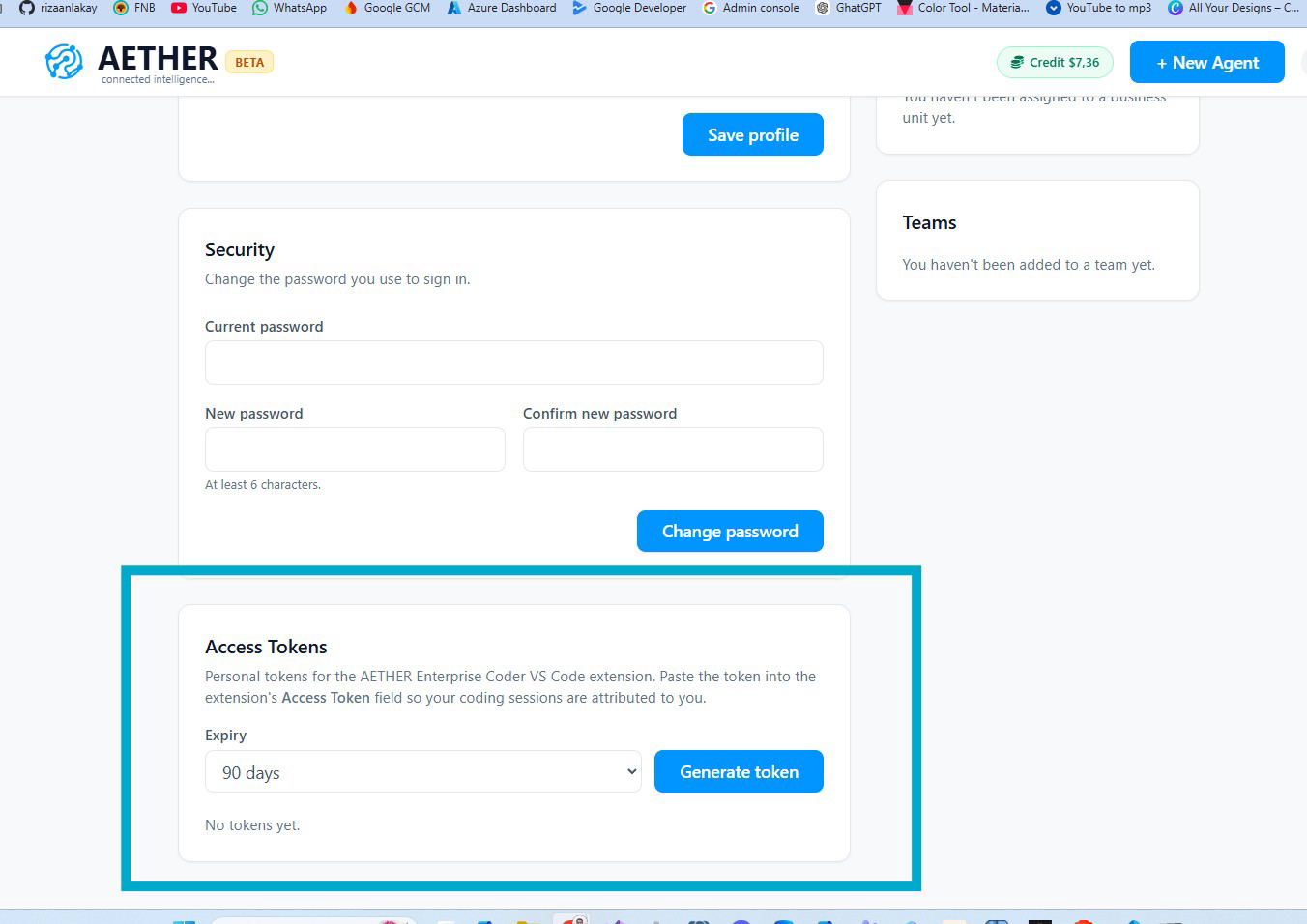 The Access Tokens section of My Account with a newly generated token