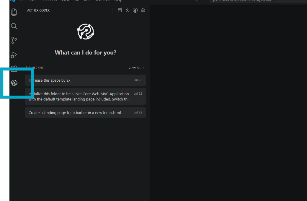 The AETHER Coder icon in the Visual Studio Code activity bar
