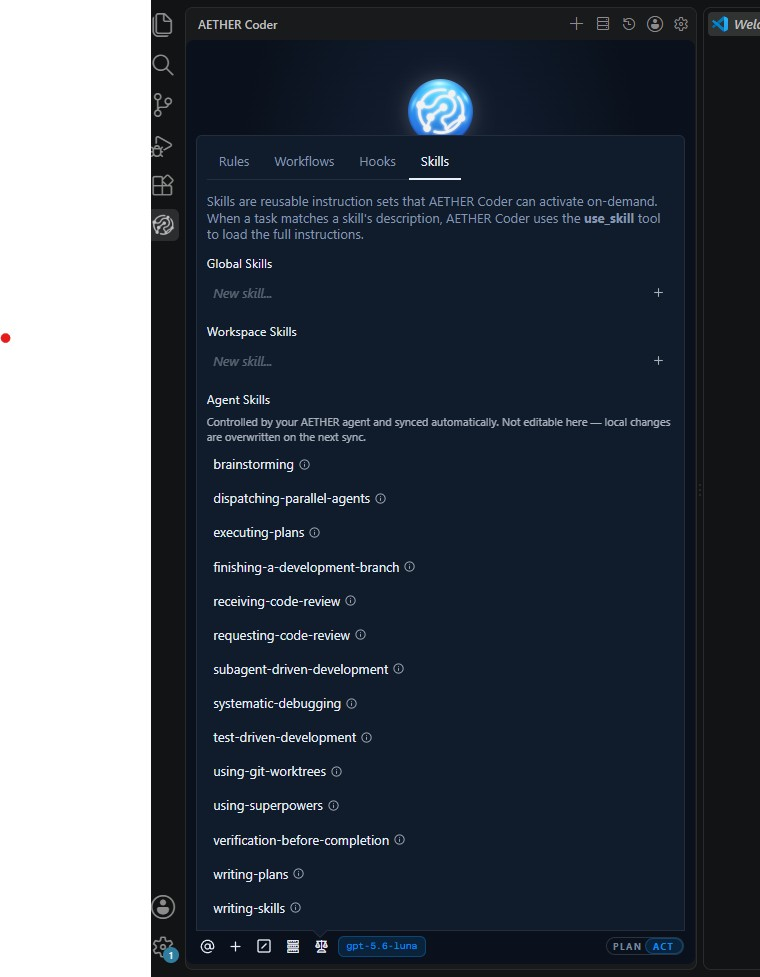 The Skills tab of the modal in VS Code, showing the Agent Skills section below Workspace Skills