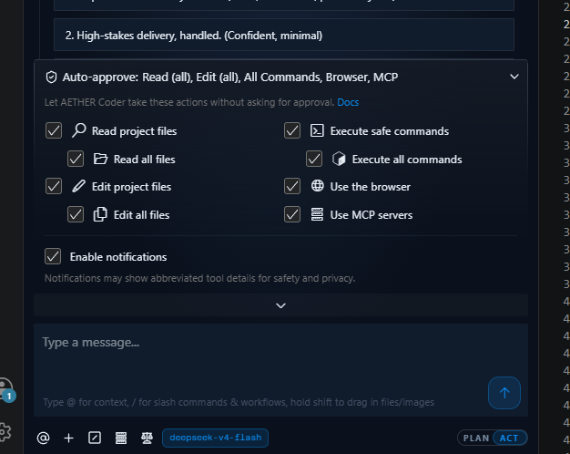 The auto-approve settings, showing per-action-type permissions