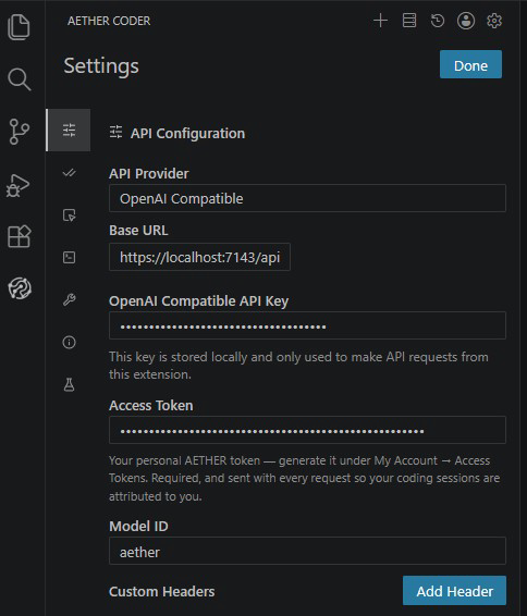 The AETHER Coder connect form with the API URL, API key and access token filled in