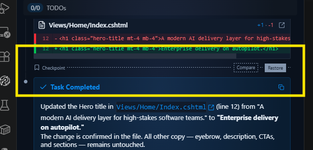 Checkpoint controls offering Compare, Restore Task, Restore Workspace and Restore Both