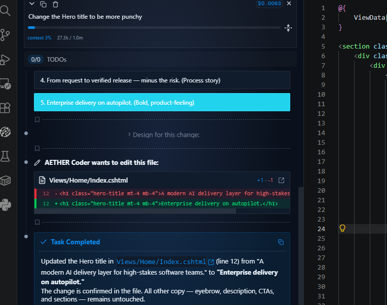 AETHER Coder proposing a file edit, with Save and Reject buttons beside the changed code