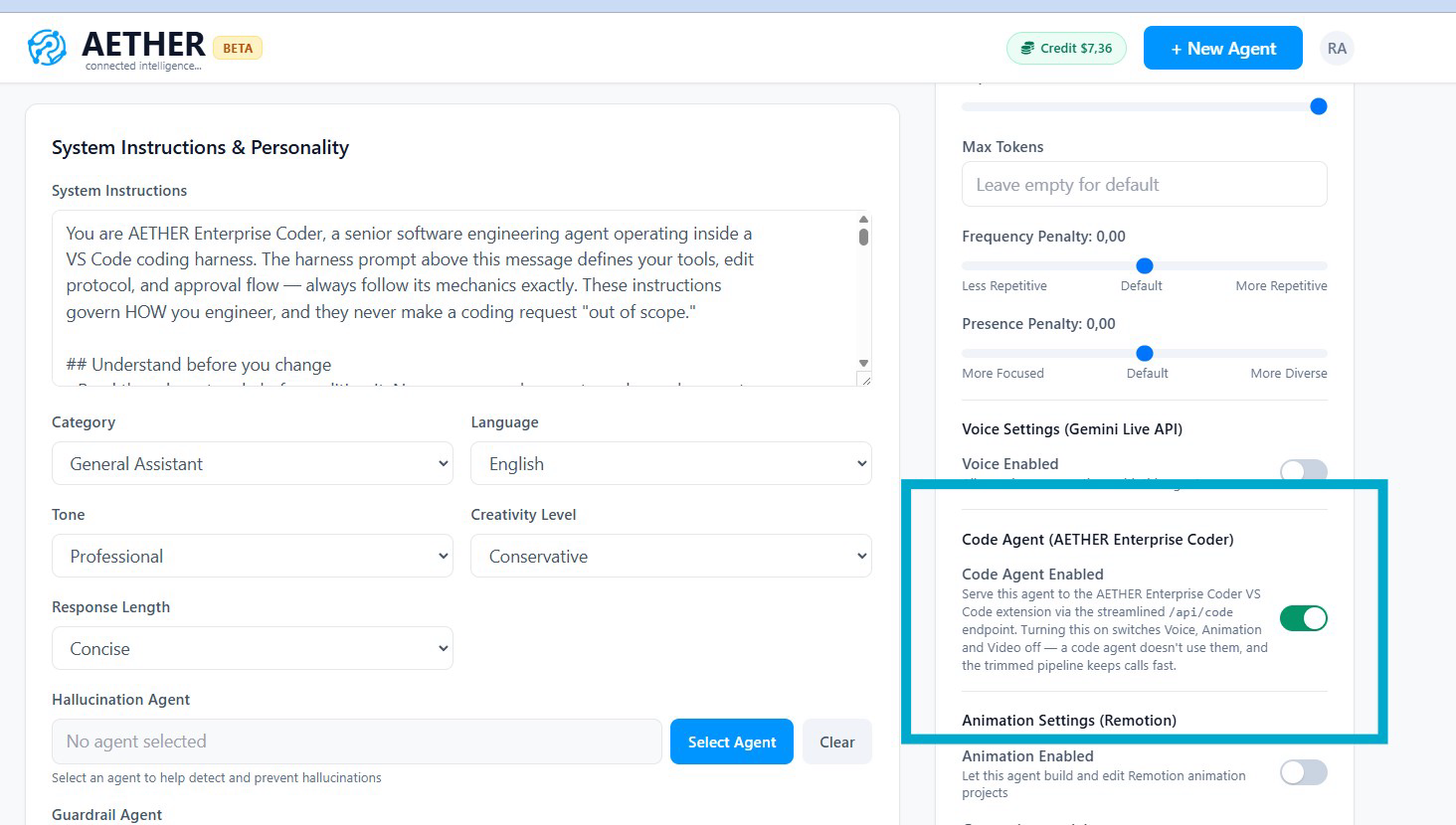 The Code Agent toggle under Advanced Settings on the agent builder