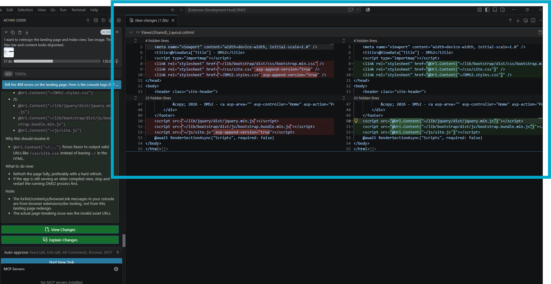A proposed file edit shown as a diff with Save and Reject buttons