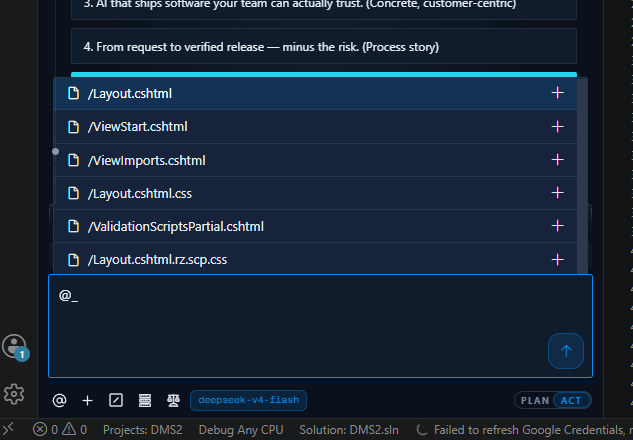 The @-mention menu offering files, folders, problems, terminal output, git commits and URLs