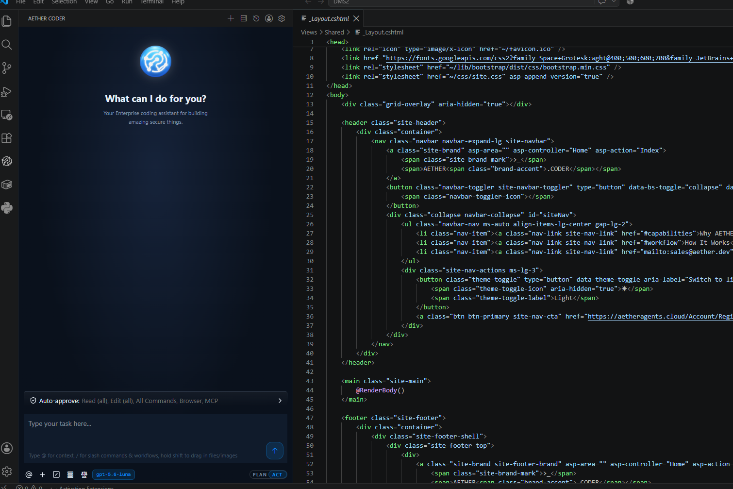 The AETHER Coder panel open beside a project in Visual Studio Code