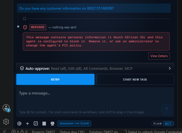 A message blocked by PII Guard before reaching the model provider