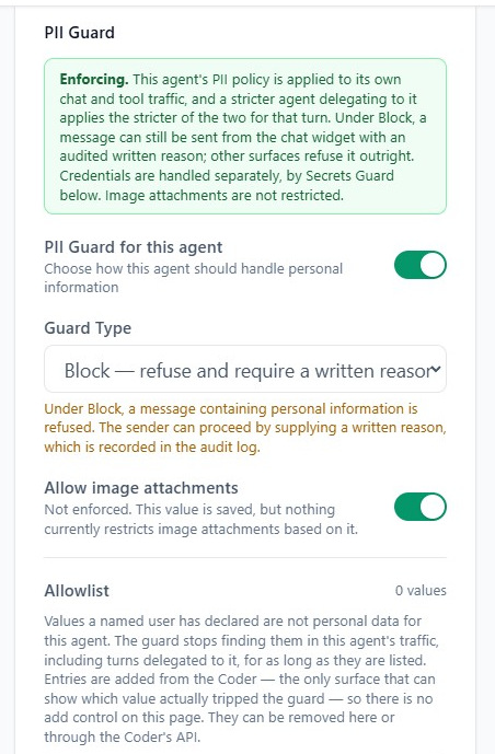 The PII Guard settings on an agent, showing the guard type, the allowlist and the status notice