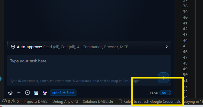 The Plan and Act mode toggle in the AETHER Coder panel