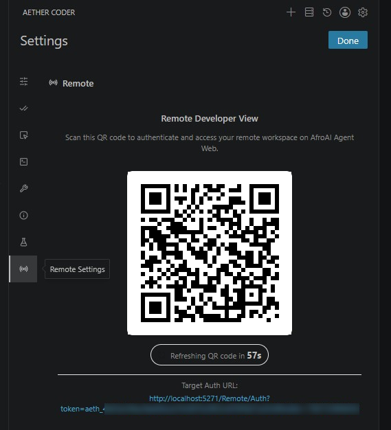 The Remote tab in AETHER Coder settings, showing the QR code and the target auth URL