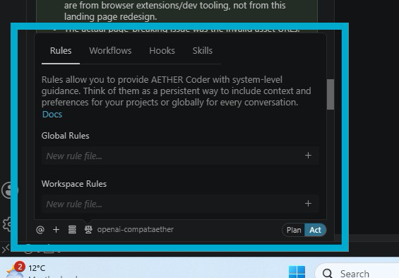 The rules and workflows panel, listing the rule files active for this project