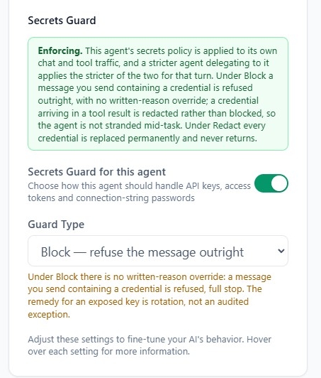 The Secrets Guard settings on an agent, showing the guard type and the status notice