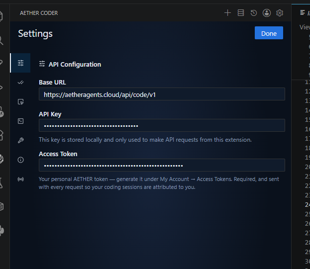 The API Configuration tab in Settings, showing Base URL, API Key, Access Token and Model ID