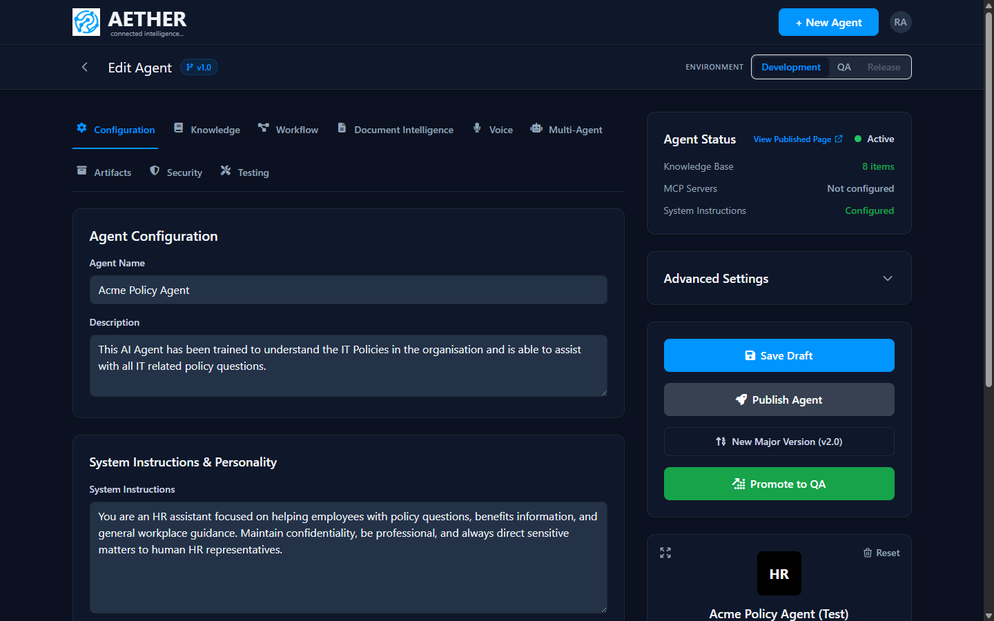 The AETHER agent builder: persona, system instructions, knowledge and tools in one screen.