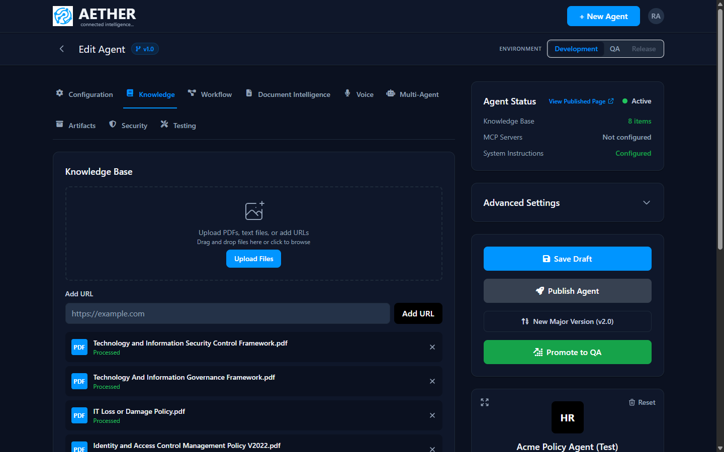 The Knowledge tab: upload zone, add-URL field, and processed sources