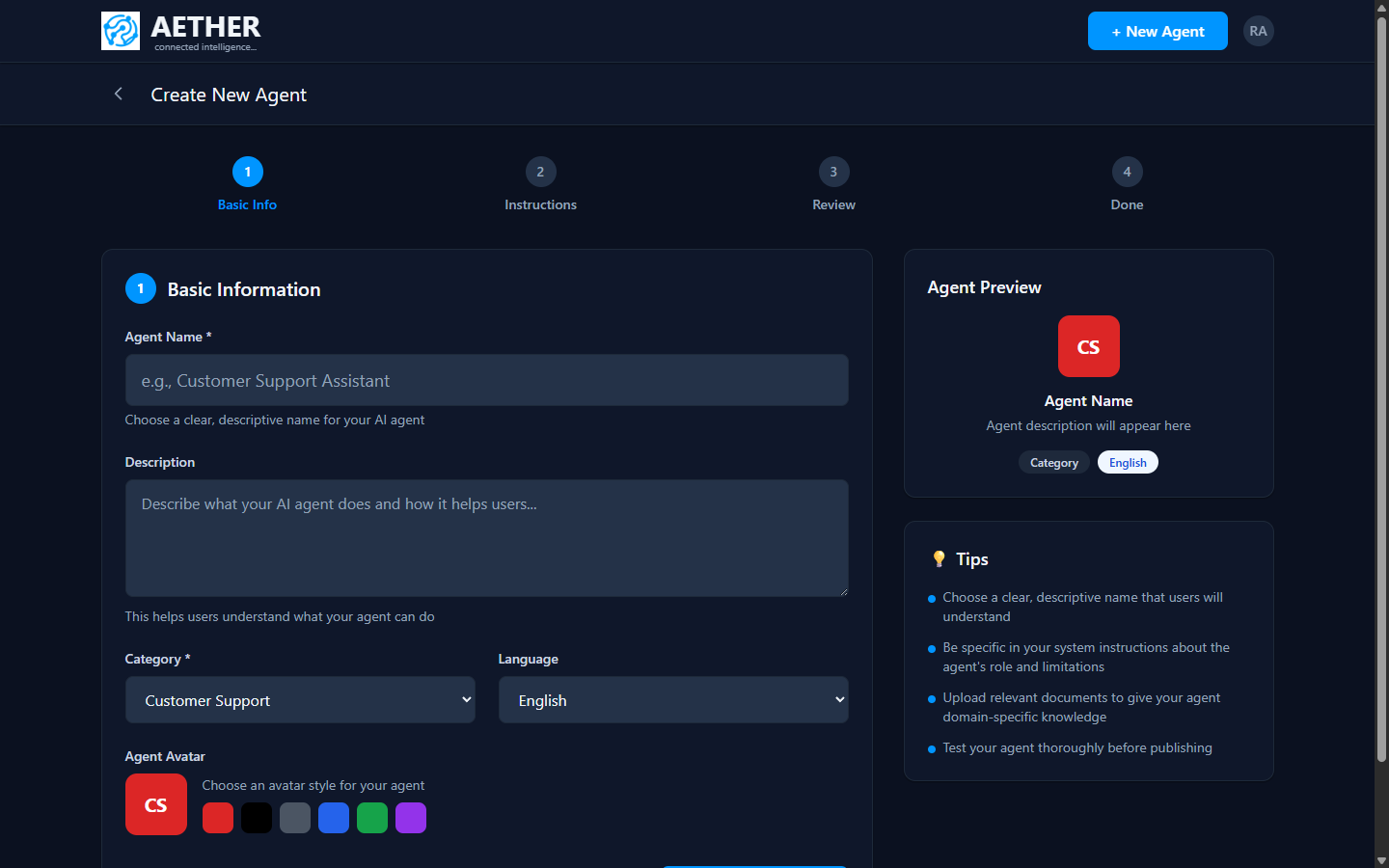 The New Agent wizard: basic information, live preview and tips