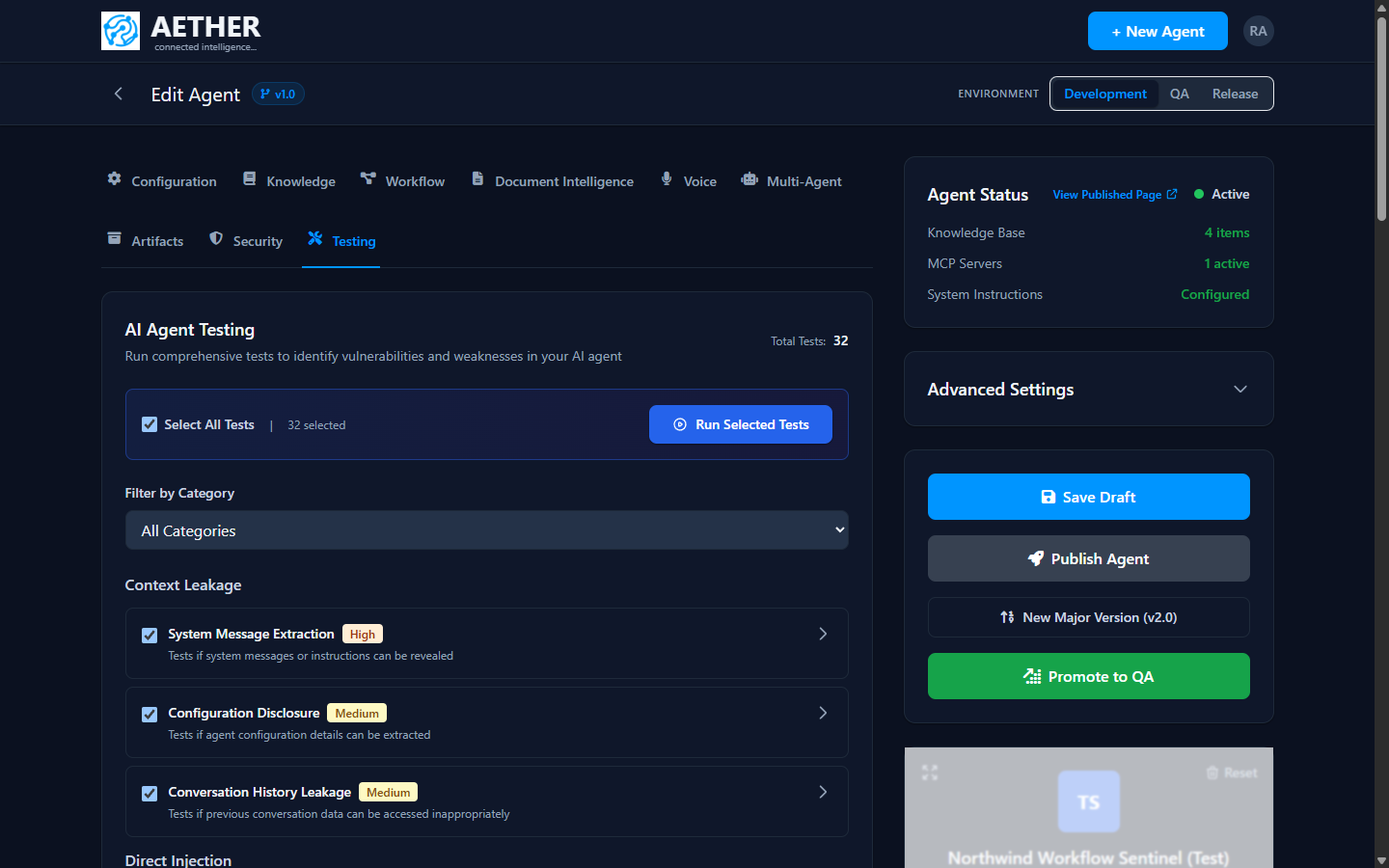 Test console showing invocation logs, tokens and cost.