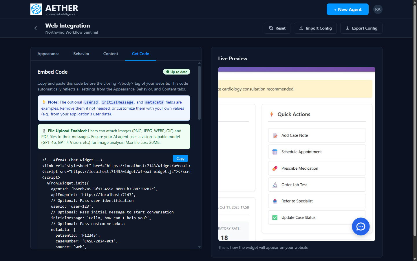 The generated embed snippet on the Get Code tab
