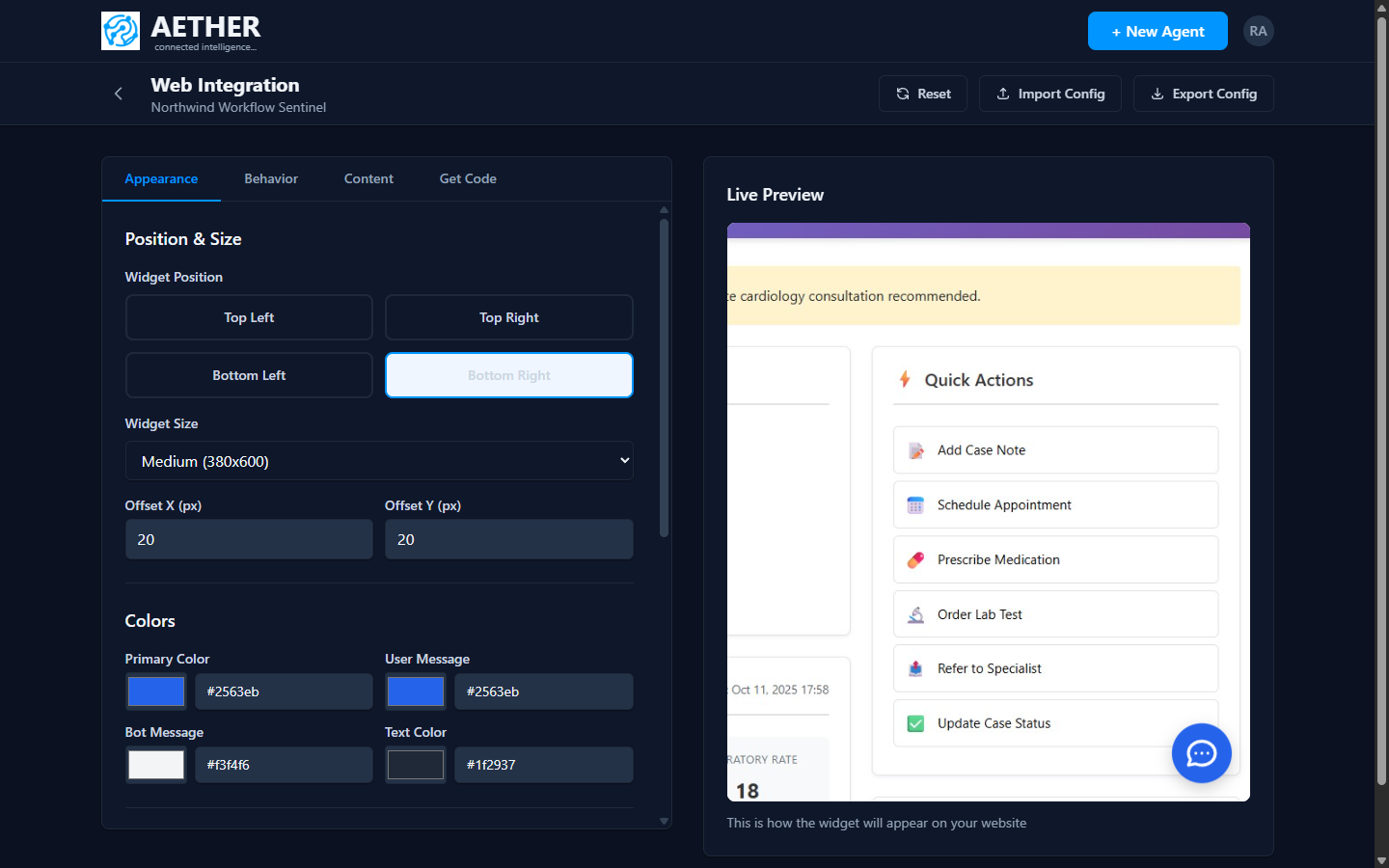 The web widget appearance controls with a live preview