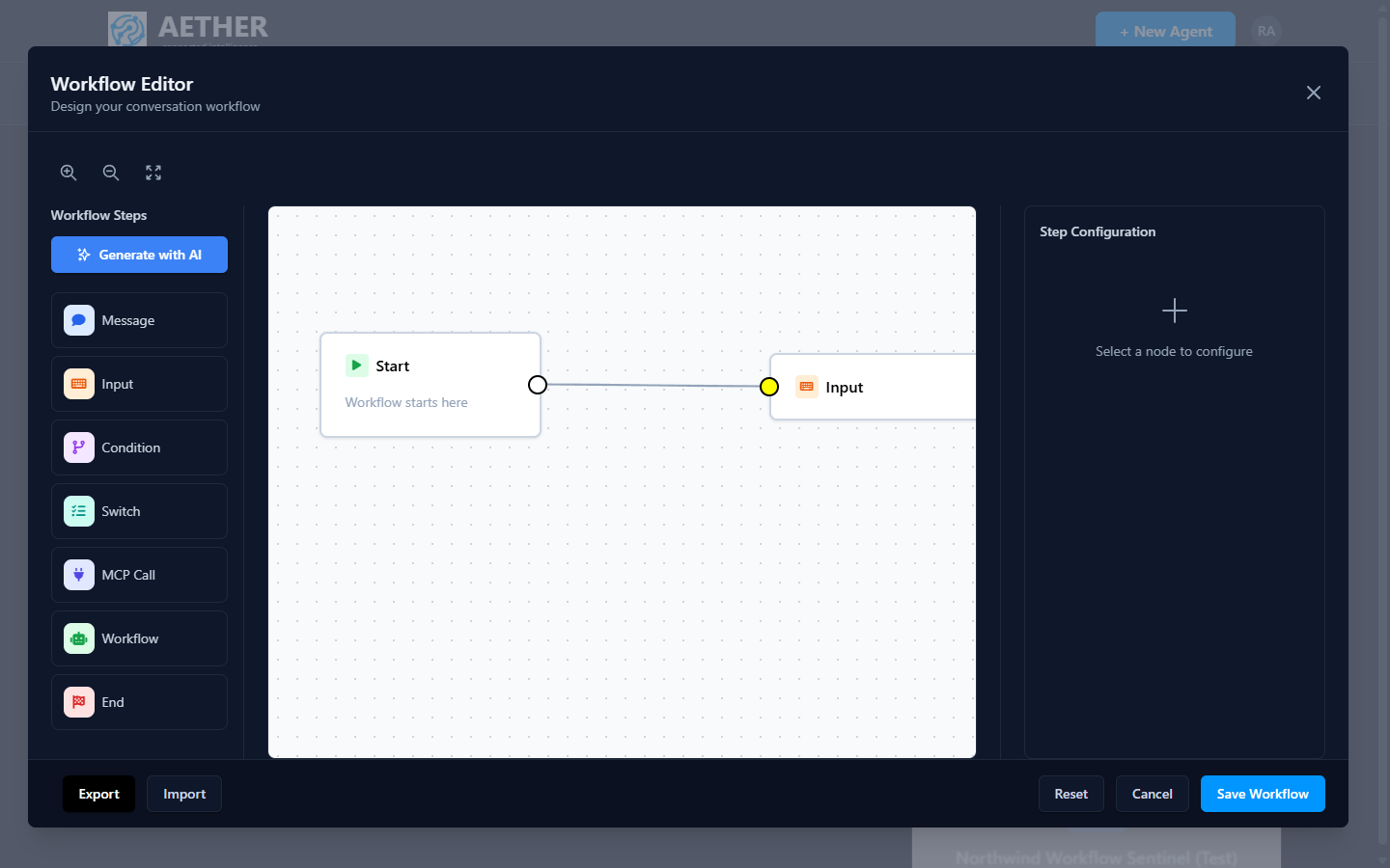 Drag-and-drop workflow designer with branching steps.